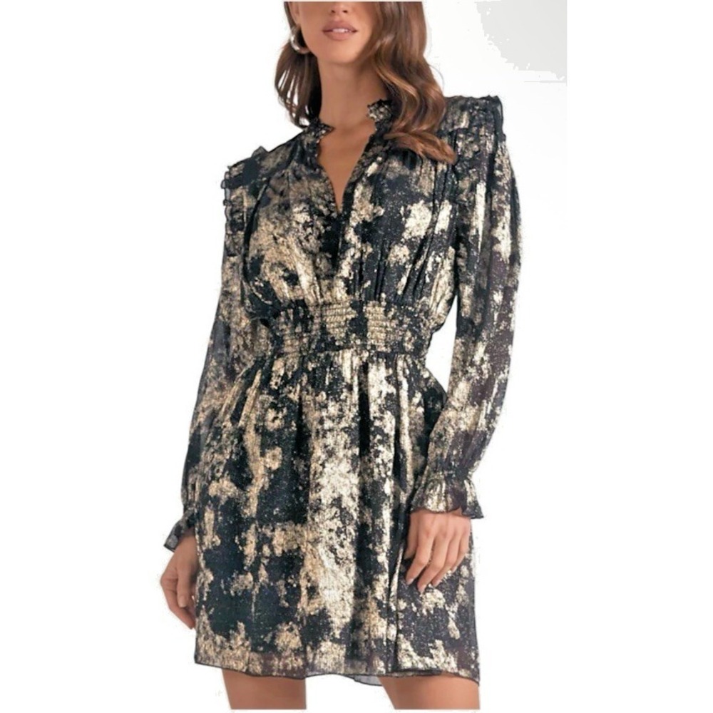 Elan Women Size XS V Neck Metallic Foil Fit And‎ Flare Ruffle Mini Dress Gold